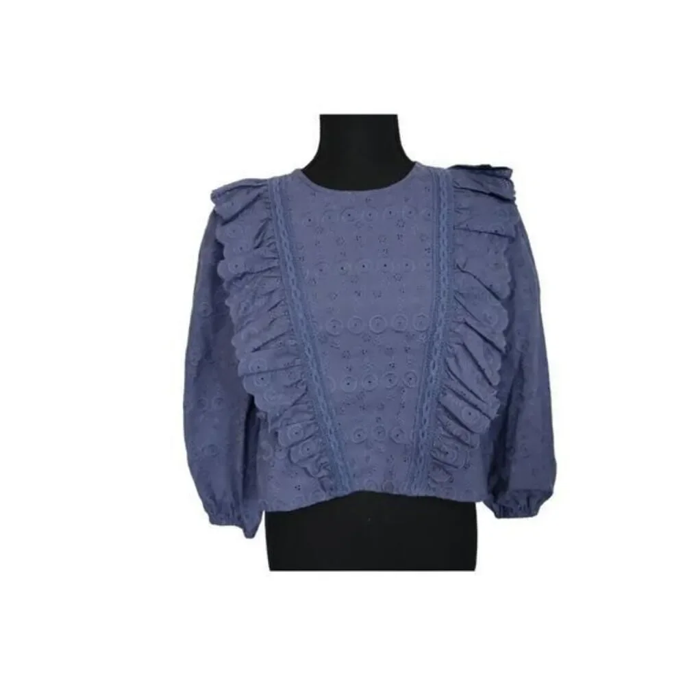 Aqua Girl Denim Blue Ruffle‎ Eyelet Top Size XL 14/16